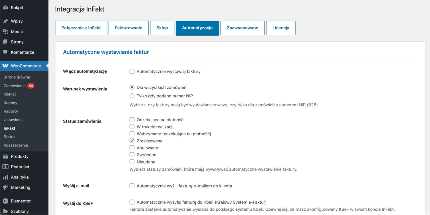 Automatyczne wystawianie faktur: warunek, statusy zamówienia, wysyłka e-mailem i automatyczna wysyłka do KSeF