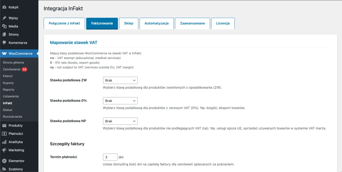 Mapowanie stawek VAT: klasy podatkowe WooCommerce dla stawek ZW, 0% i NP oraz termin płatności